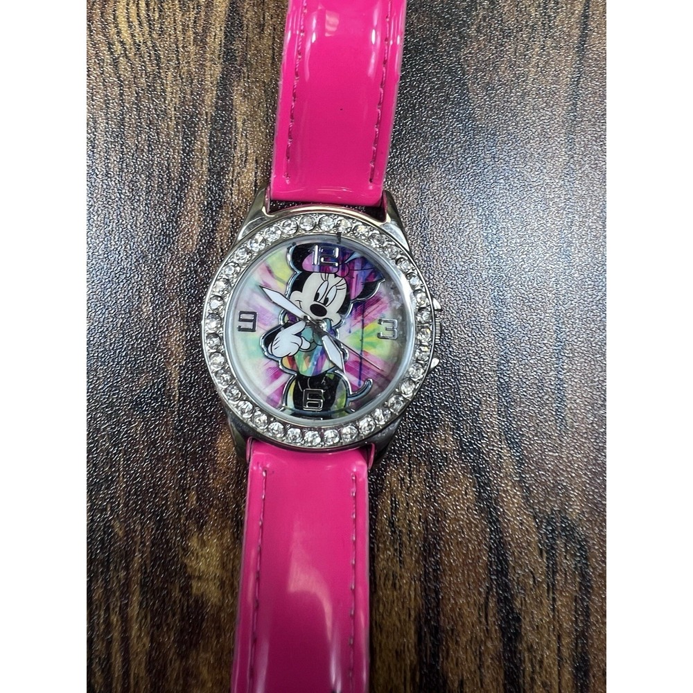 Disney Minnie Mouse Girls Pink Rhinestone Bezel Analog Quartz Watch Needs Batt